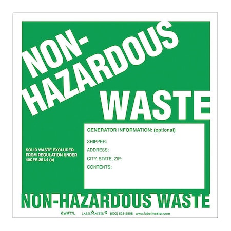Non-Hazardous Waste Labels, PK100 MPN:GWMT7L