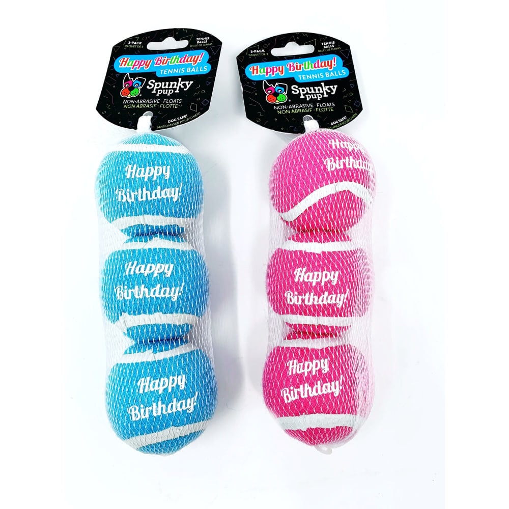 Spunky Pup Happy Birthday Tennis Balls, Assorted Colors, Pack Of 3 Tennis Balls MPN:2023