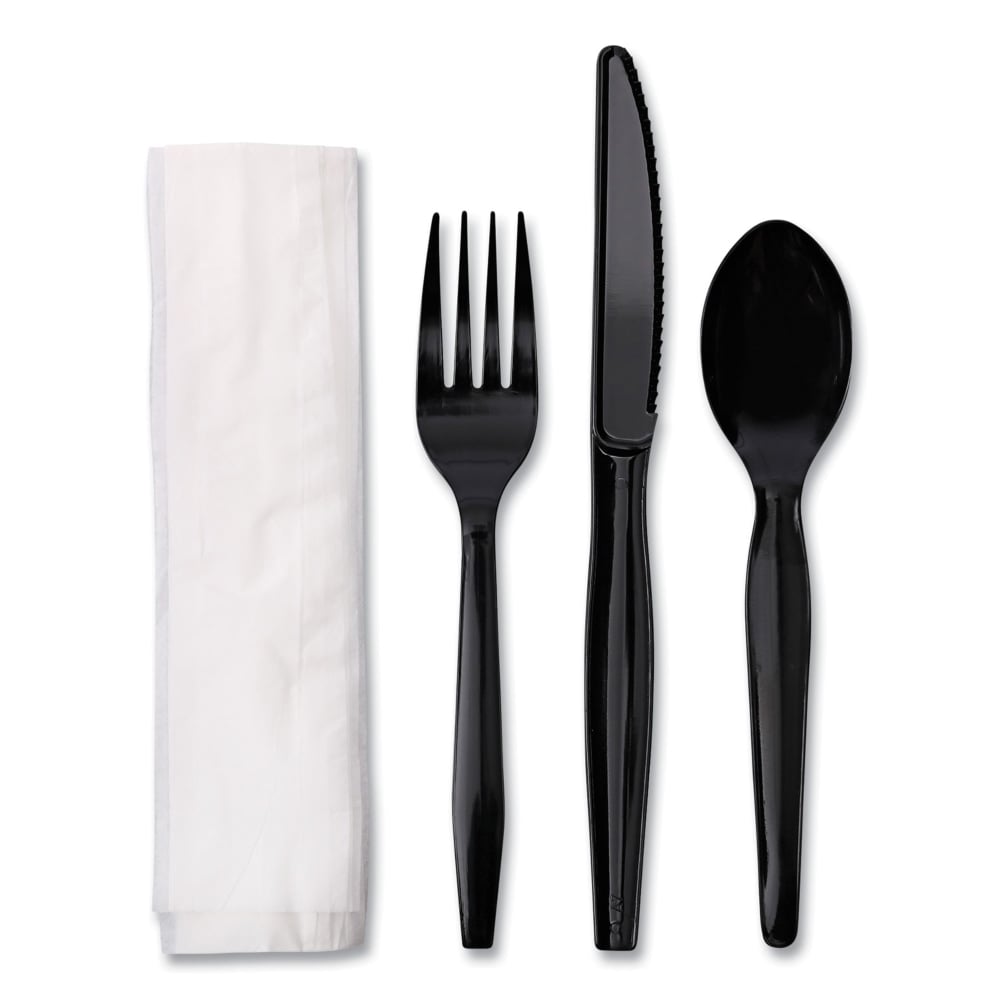 Boardwalk 4-Piece Cutlery Kits, Fork/Knife/Napkin/Teaspoon, Black, Carton Of 250 Kits MPN:BWKFKTNMWPSBLA