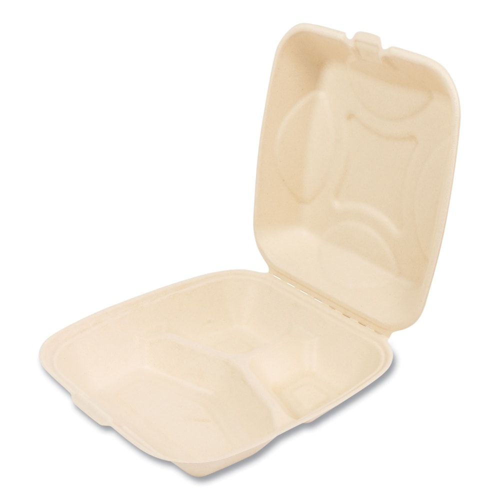 Boardwalk Bagasse Food Containers, 3-Compartment, 9inH x 9inW x 3-1/4inD, Tan, Carton Of 200 Containers MPN:HL-93BW-NPFA