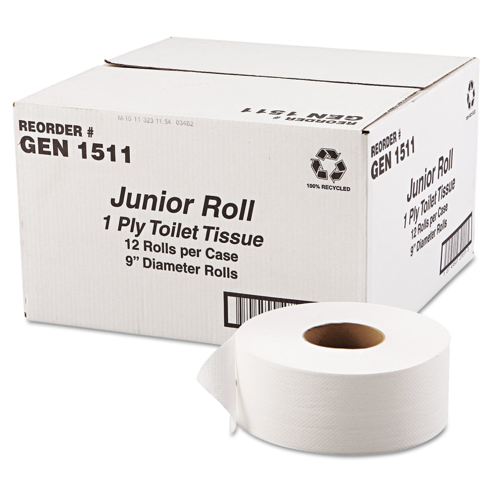 GEN JRT Jumbo Bath Tissue, Septic Safe, 1-Ply, White, 3.3 x 1, 200 ft, 12 Rolls/Carton MPN:G1511