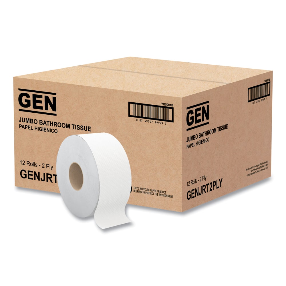 GEN JRT Jumbo Bath Tissue, Septic Safe, 2-Ply, White, 3.5in x 750 ft, 12/Carton MPN:GENJRT2PLY1000