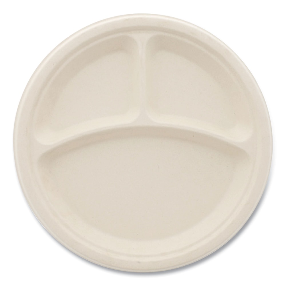 Boardwalk Bagasse PFAS-Free 3-Compartment Dinnerware Plates, 10in, Tan, Pack Of 500 Plates MPN:PL-11BW-NPFA