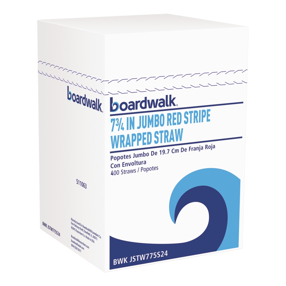 Boardwalk Wrapped Jumbo Straws, 7-3/4in, Red/White, 400 Straws Per Pack, Carton Of 25 Packs MPN:BWKJSTW775S24