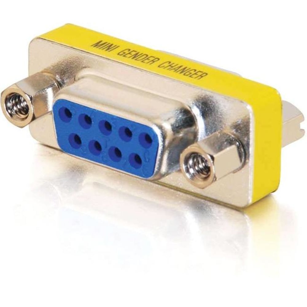 C2G DB9 F/F Mini Gender Changer (Coupler) - 1 x 9-pin DB-9 Serial Female - 1 x 9-pin DB-9 Serial Female - Silver, Yellow - 1 Each MPN:02781