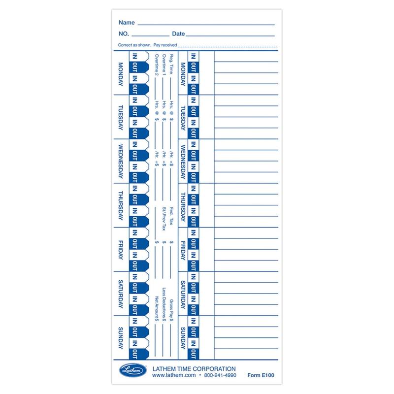Lathem Time Cards For Electronic Side-Print Time Clocks, Weekly, 1-Sided, 4in x 9in, Box Of 100 (Min Order Qty 10) MPN:E100