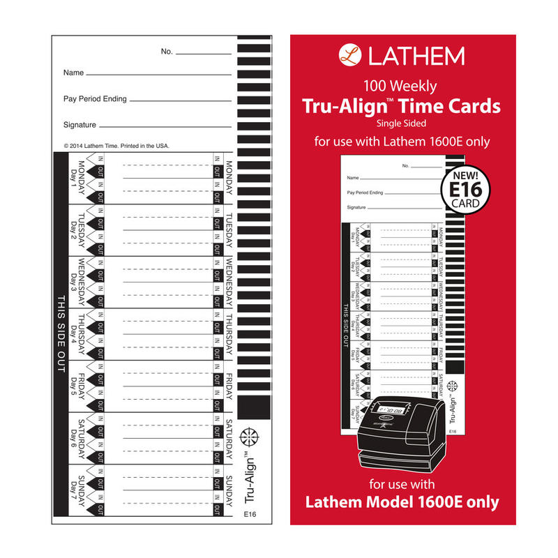 Lathem TruAlign E16 Time Cards For 1600E, Weekly, 1-Sided, 4in x 9in, White, Box Of 100 (Min Order Qty 8) MPN:E16-100