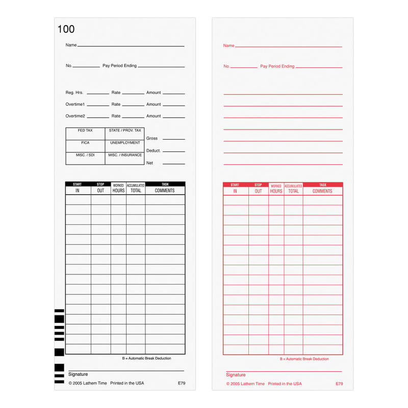 Lathem Time Cards, F/7000E, Numbered 1-100, 2-Sided, 3 3/8in x 9in, White, Pack Of 100 (Min Order Qty 6) MPN:E79-100