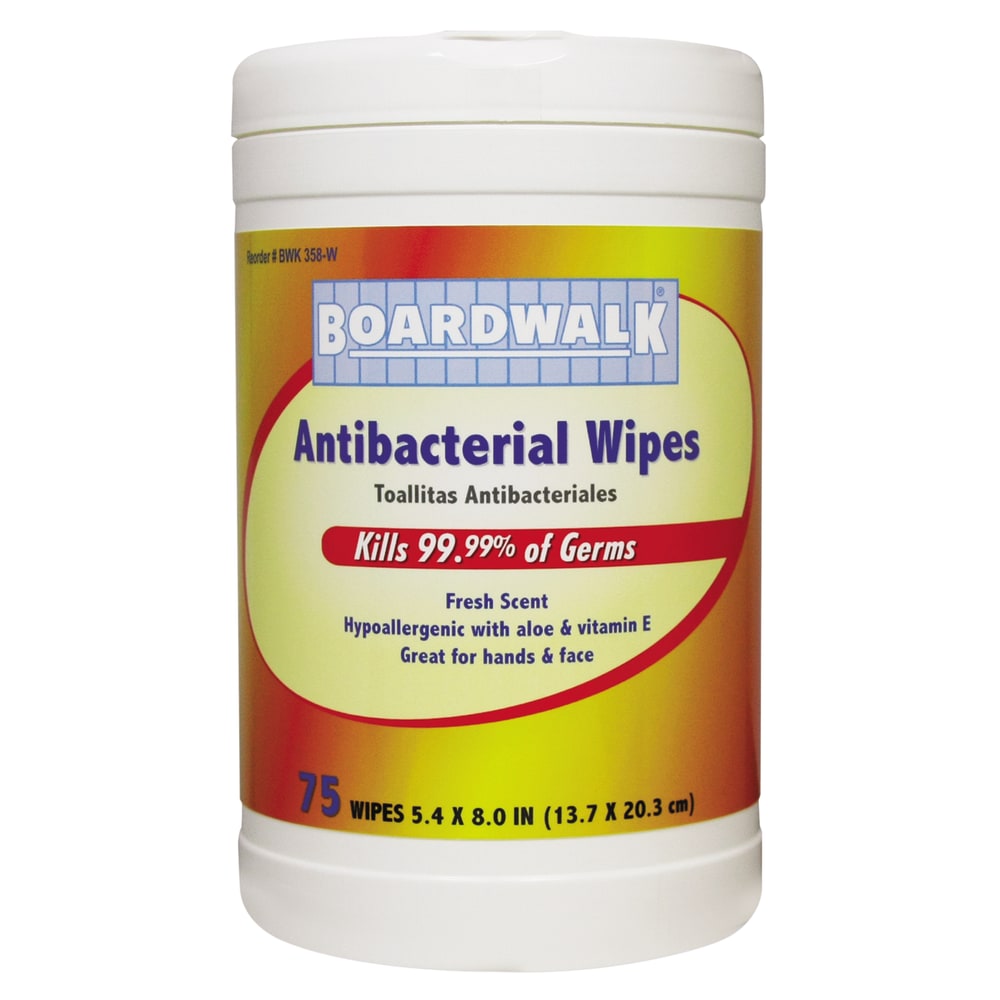 Boardwalk Antibacterial Wipes, Fresh Scent, 8in x 5 1/2in, White, 75 Wipes Per Canister, Case Of 6 Canisters (Min Order Qty 2) MPN:458WA