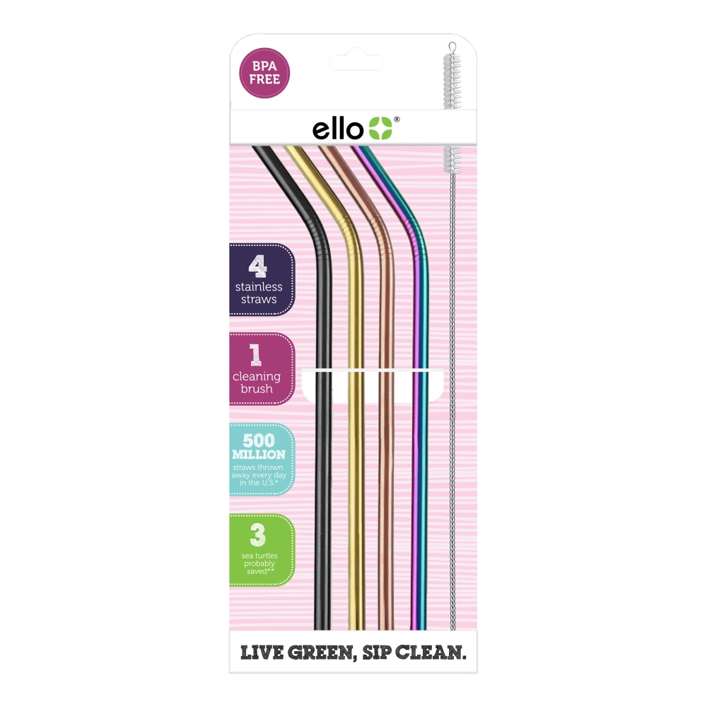 Ello Stainless-Steel Straws With Wire Brush, Metallics, Pack Of 4 Straws (Min Order Qty 6) MPN:498-4668-998