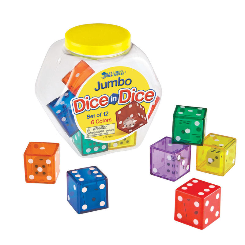 Learning Resources Jumbo Dice-In-Dice, 1 1/4inH x 1 1/4inW x 1 1/4inD, Assorted Colors, Grades K - 5, Pack Of 12 MPN:LER7699