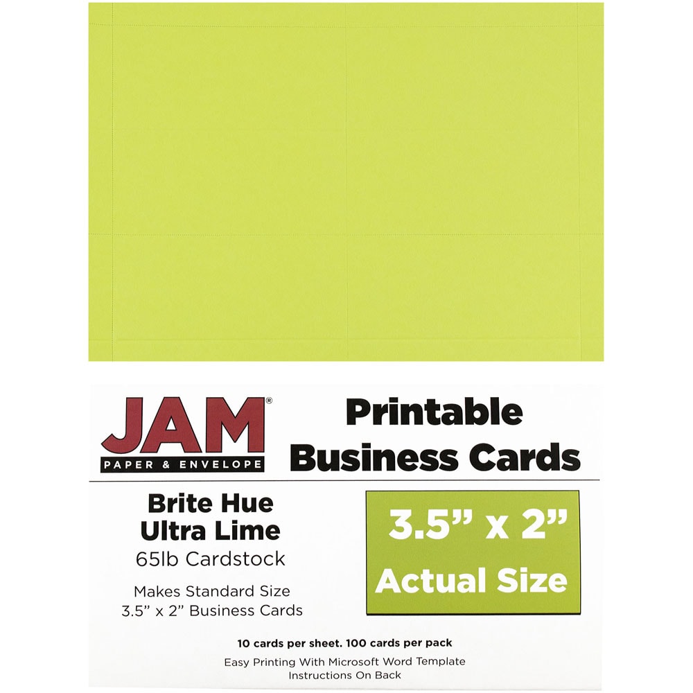 JAM Paper Printable Business Cards, 3 1/2in x 2in, Lime Green, 10 Cards Per Sheet, Pack Of 10 Sheets MPN:22128340