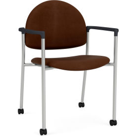 Lesro Chat Guest Chair with Casters Silver Frame Onyx Black Armrests Patriot Plus Mocha Vinyl CX1131.SSV.COX.F04-01PPMO