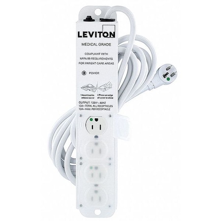 Outlet Strip, Medical Grade, 4 5-15R, 5-15P, 15 ft., White MPN:5304M-1N5