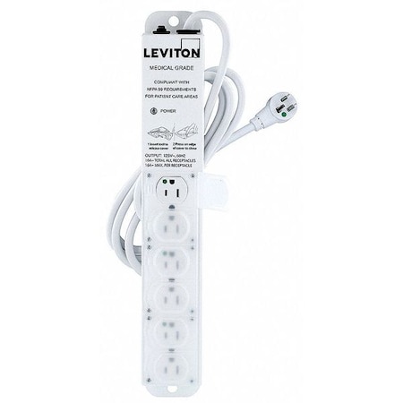 Outlet Strip, Medical Grade, 6 5-15R, 5-15P, 7 ft., White MPN:5306M-1N7