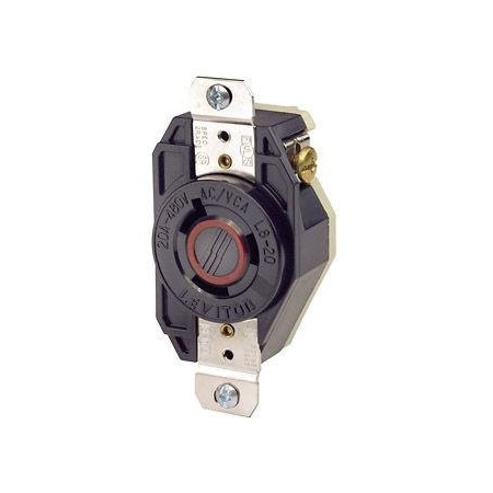 Flanged Locking Receptacle, L8-20R, 20 A, 480V AC, Single Phase, 2 Pole, Flush Mount, Black MPN:2340