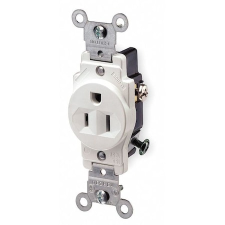 Straight Blade Receptacle, 5-15R, 15 A, 125V AC, 2 Pole, 3 Wire, Flush Mount, Single, White MPN:5015-W