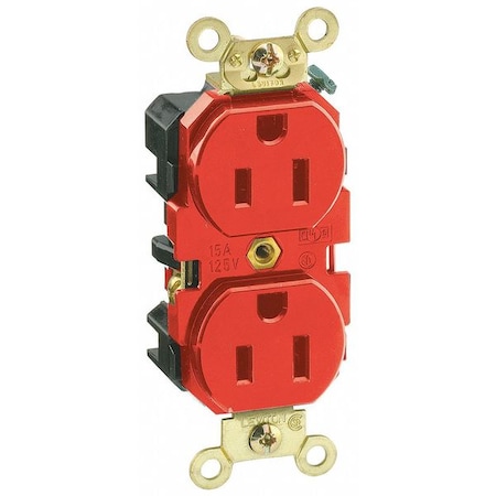 Straight Blade Receptacle, 5-15R, 15 A, 125V AC, 2 Pole, 3 Wire, Flush Mount, Single, Red MPN:5262-R
