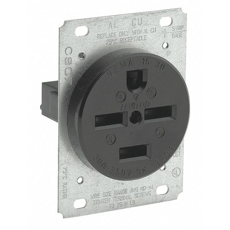 Straight Blade Receptacle, 15-30R, 30 A, 250V AC, 3 Pole, 4 Wire, Flush Mount, Three, Black MPN:8430