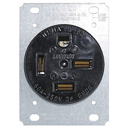 Straight Blade Receptacle, 15-60R, 60 A, 250V AC, 3 Pole, 4 Wire, Flush Mount, Three, Black MPN:8460