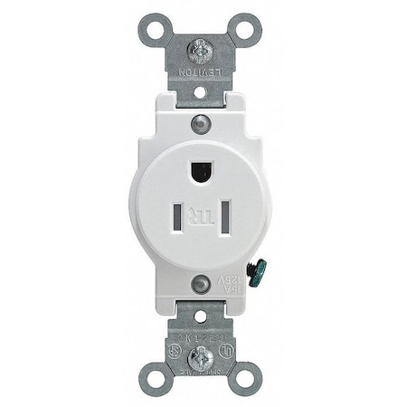 Straight Blade Receptacle, 5-15R, 15 A, 125V AC, 2 Pole, 3 Wire, Flush Mount, Single, White MPN:T5015-W