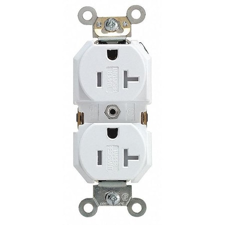 Straight Blade Receptacle, 5-20R, 20 A, 125V AC, 2 Pole, 3 Wire, Flush Mount, Single, White MPN:TBR20-W