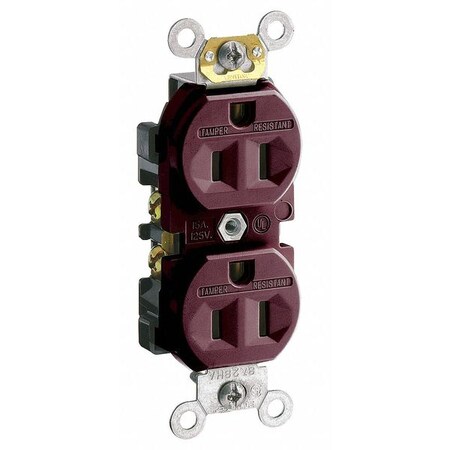 Straight Blade Receptacle, 5-15R, 15 A, 125V AC, 2 Pole, 3 Wire, Flush Mount, Single, Brown MPN:TCR15