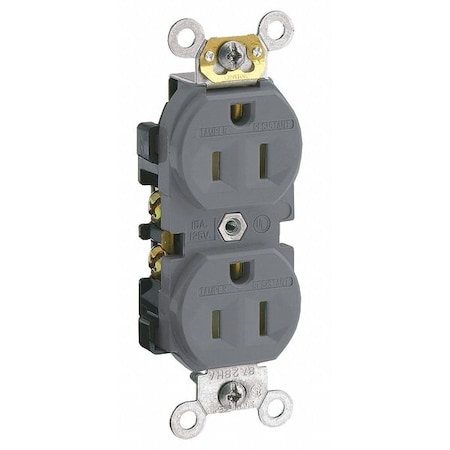 Straight Blade Receptacle, 5-15R, 15 A, 125V AC, 2 Pole, 3 Wire, Flush Mount, Single, Gray MPN:TCR15-GY