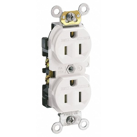 Straight Blade Receptacle, 5-15R, 15 A, 125V AC, 2 Pole, 3 Wire, Flush Mount, Single, White MPN:TCR15-W
