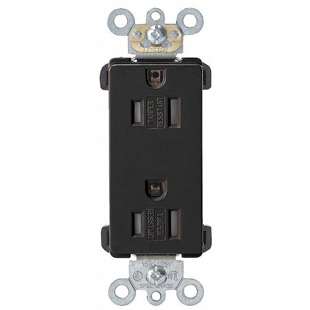 Straight Blade Receptacle, 5-15R, 15 A, 125V AC, 2 Pole, 3 Wire, Flush Mount, Single, Black MPN:TDR15-E