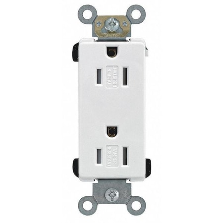 Straight Blade Receptacle, 5-15R, 15 A, 125V AC, 2 Pole, 3 Wire, Flush Mount, Single, White MPN:TDR15-W