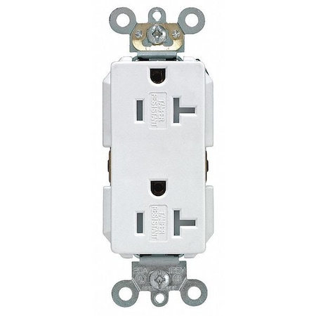 Straight Blade Receptacle, 5-20R, 20 A, 125V AC, 2 Pole, 3 Wire, Flush Mount, Single, White MPN:TDR20-W