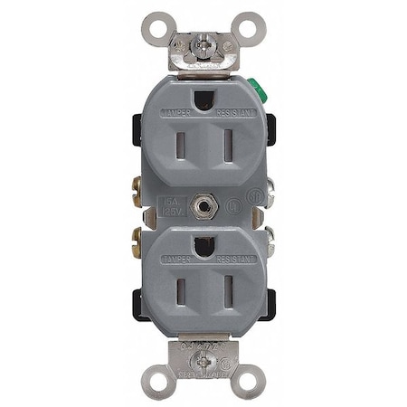 Straight Blade Receptacle, 5-15R, 15 A, 125V AC, 2 Pole, 3 Wire, Flush Mount, Single, Gray MPN:TWR15-GY