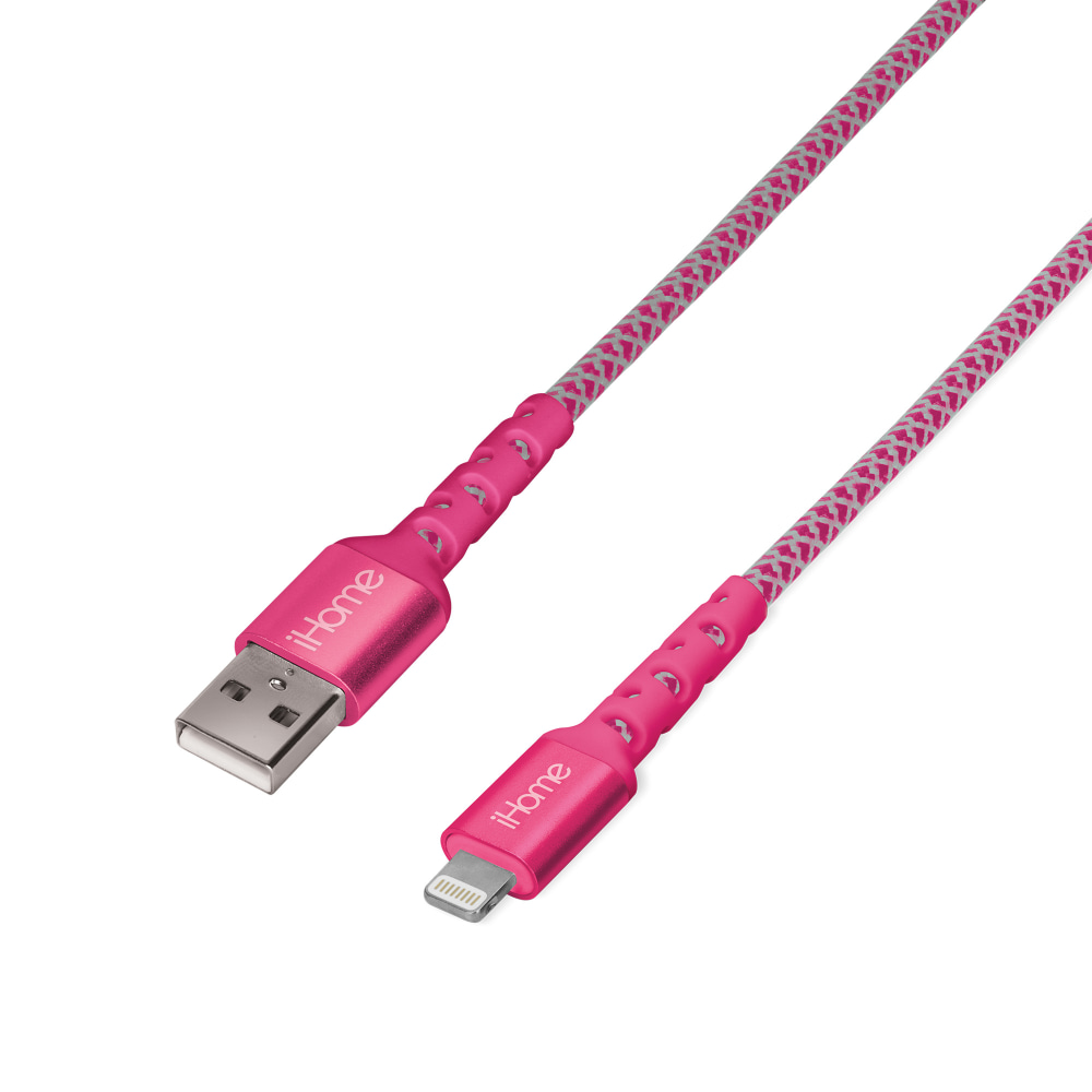 iHome Nylon Braided Lightning To USB-A Cable, 10ft, Pink (Min Order Qty 4) MPN:IHCT1040P-OD