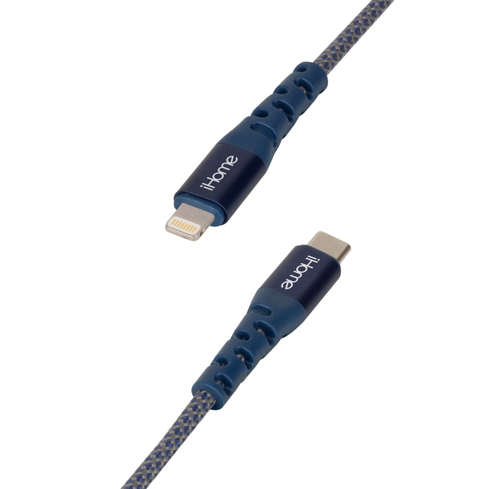 iHome Ultra Boost Nylon Lightning To USB-C Cable, 6ft, Blue (Min Order Qty 5) MPN:IHCT1310N-OD