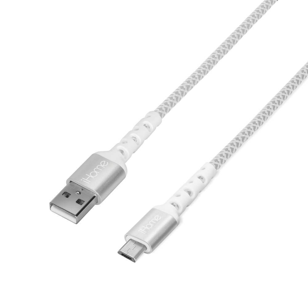 iHome Nylon Braided Micro-USB To USB-A Cable, 6ft, White (Min Order Qty 9) MPN:IHCT2038W-OD