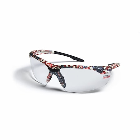 Safety Glasses, Anti-Fog & Anti-Scratch, Clear Lens, red, white and blue (USA) camoflauge Frame MPN:K4676-1