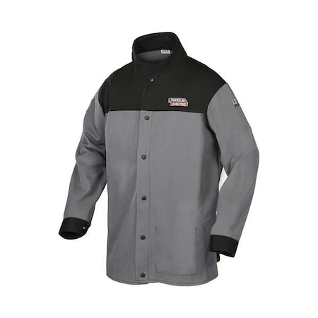 Welding Jacket, Cotton, Fabric, 9 oz, 30 in Length, Button Closure, 1 Pockets, Black/Gray, 4XL MPN:K4931-4XL