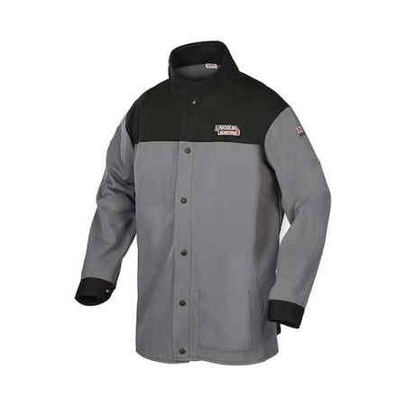 Welding Jacket, Cotton, Fabric, 9 oz, 30 in Length, Button, Velcro Closure, 1 Pockets, Black/Gray MPN:K4933-M