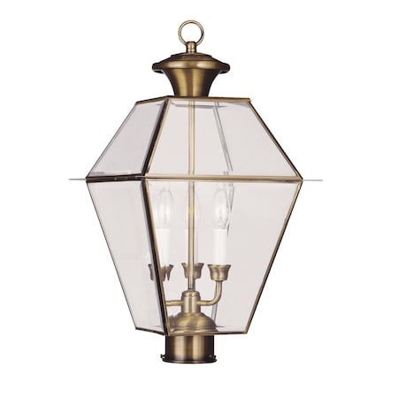Westover 3 Light Antique Brass Outdoor Post Top Lantern MPN:2384-01