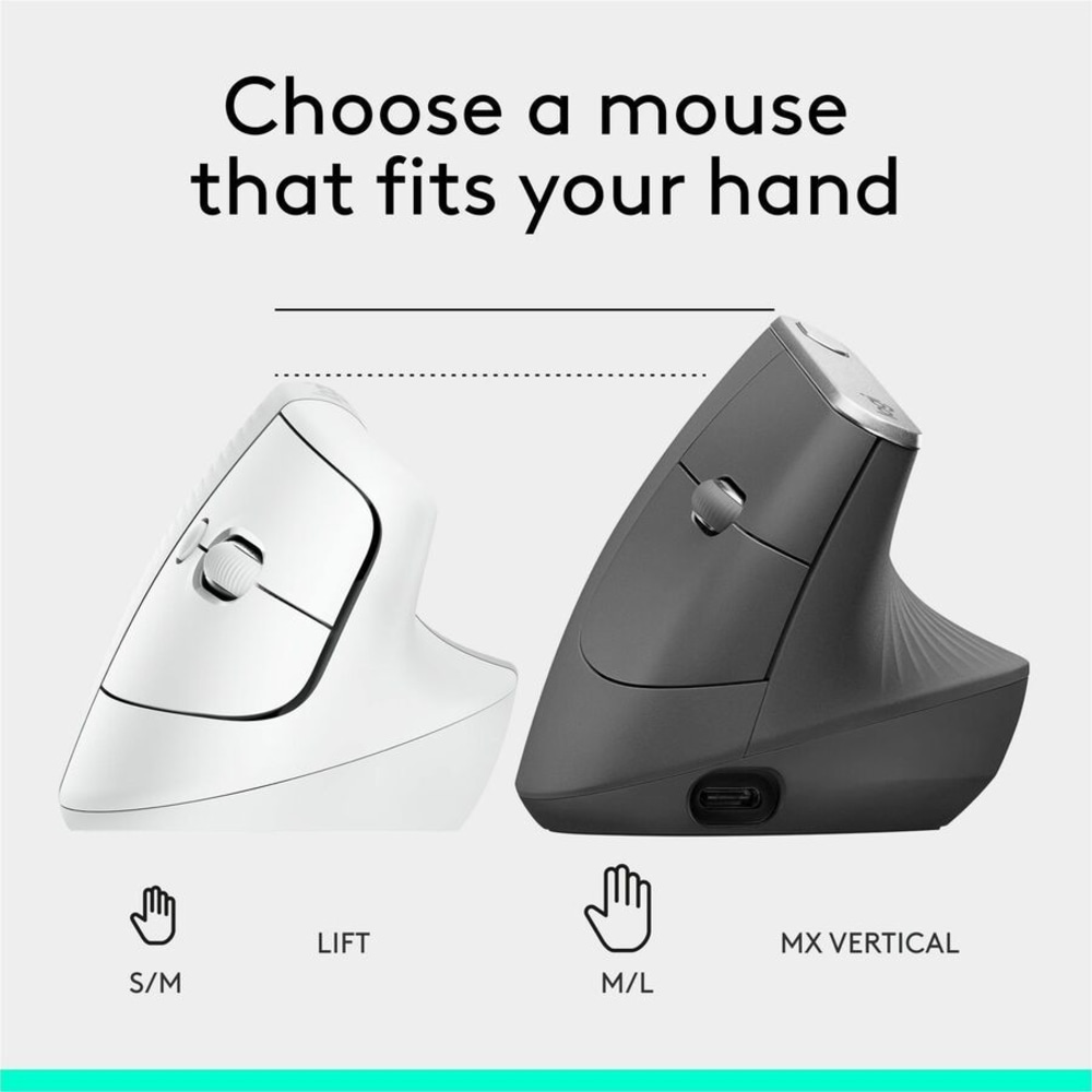 Logitech Lift Vertical Ergonomic Mouse, Wireless, Bluetooth or Logi Bolt USB receiver, Quiet clicks, 4 buttons, Of - 910006469 MPN:910-006469