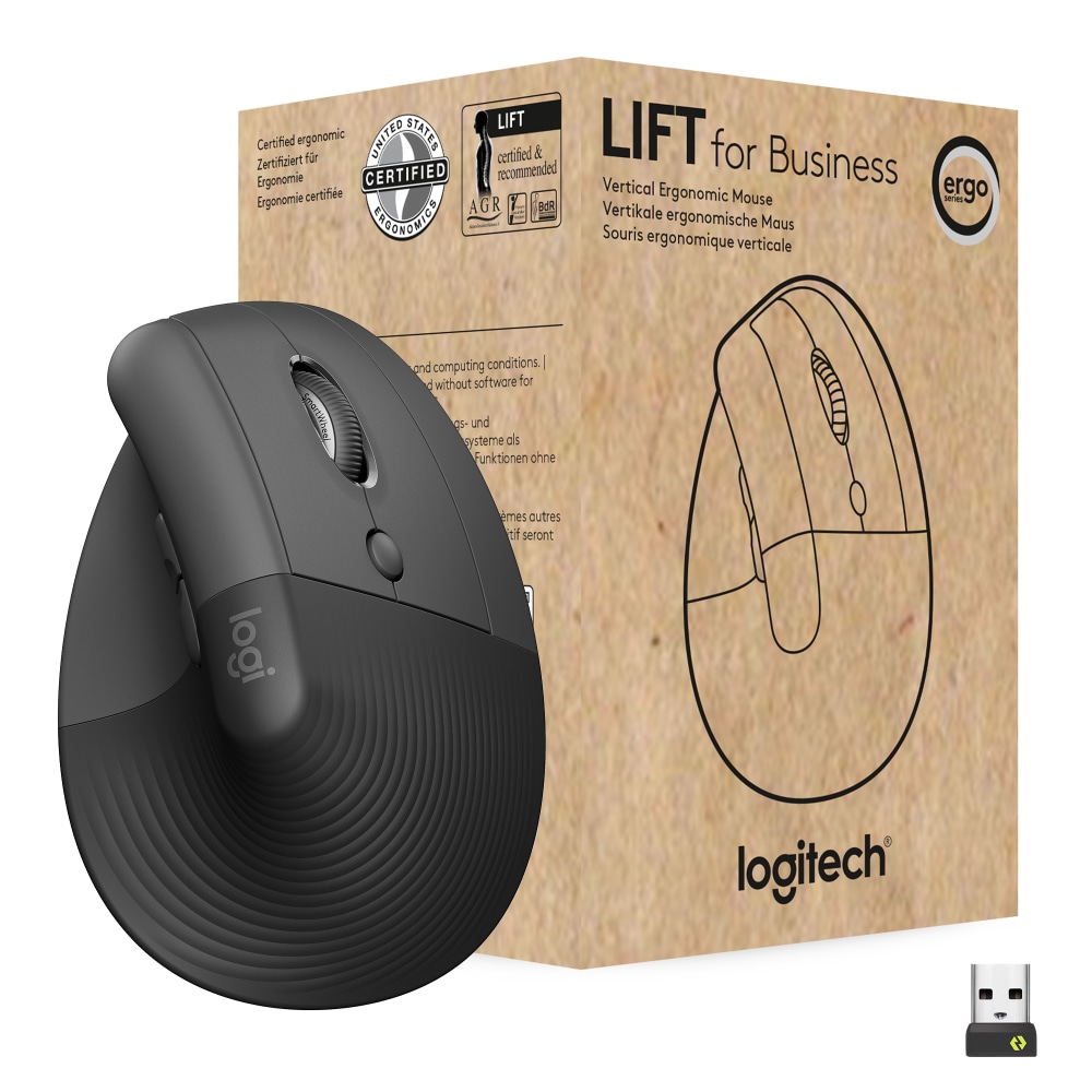 Logitech Lift for Business, Vertical Ergonomic Mouse, Wireless, Bluetooth, Logi Bolt USB, Quiet clicks, Graphite - 910006491 MPN:910-006491