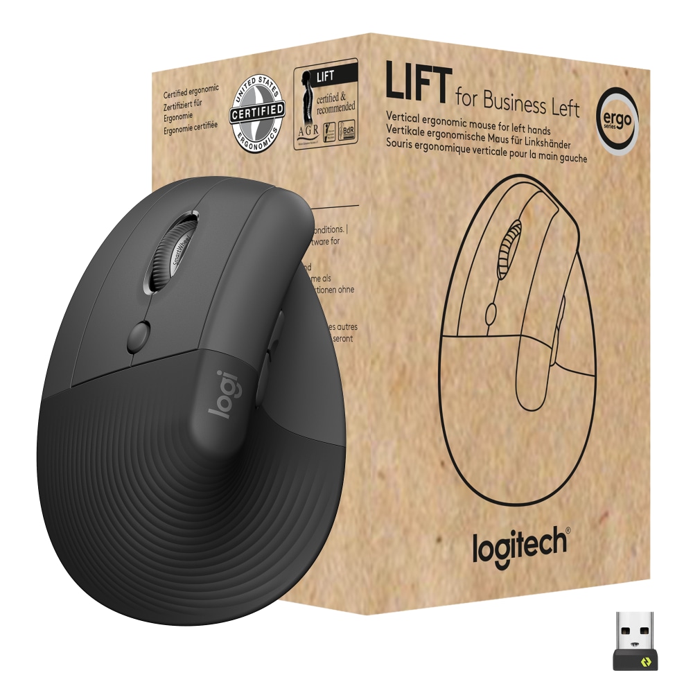 Logitech Lift Ergo Mouse - Optical - Wireless - Bluetooth/Radio Frequency - Graphite - USB - 4000 dpi - 910006492 MPN:910-006492