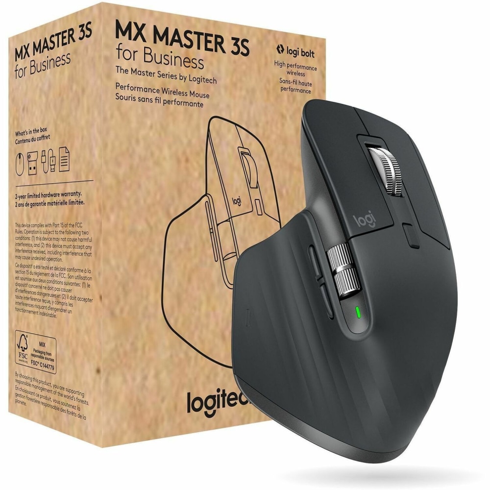 Logitech MX Master 3S for Business, Wireless Mouse with Quiet Clicks, 8K DPI, Logi Bolt USB Receiver, Graphite - 910006581 MPN:910-006581