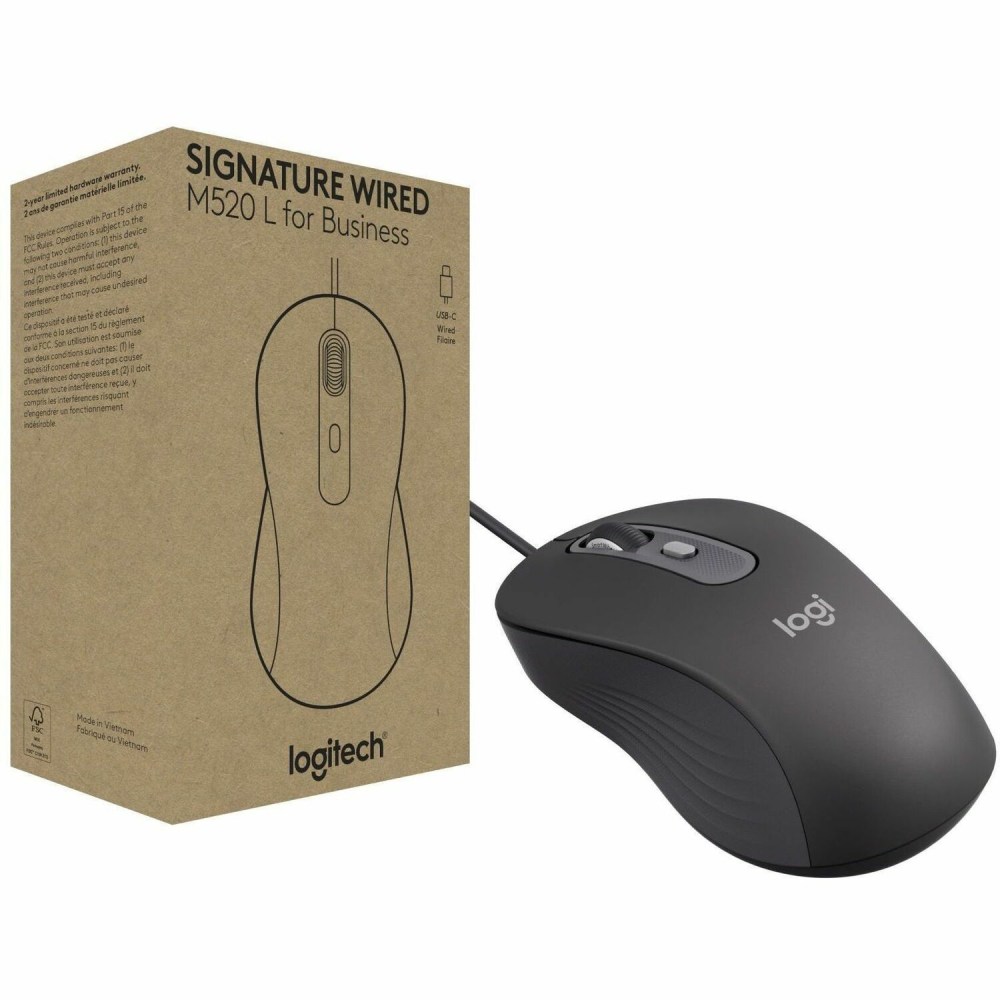 Logitech Signature Wired M520 L for Business, Optical Wired Mouse, USB-C Plug-and-Play, Graphite, 910007497 MPN:910-007497