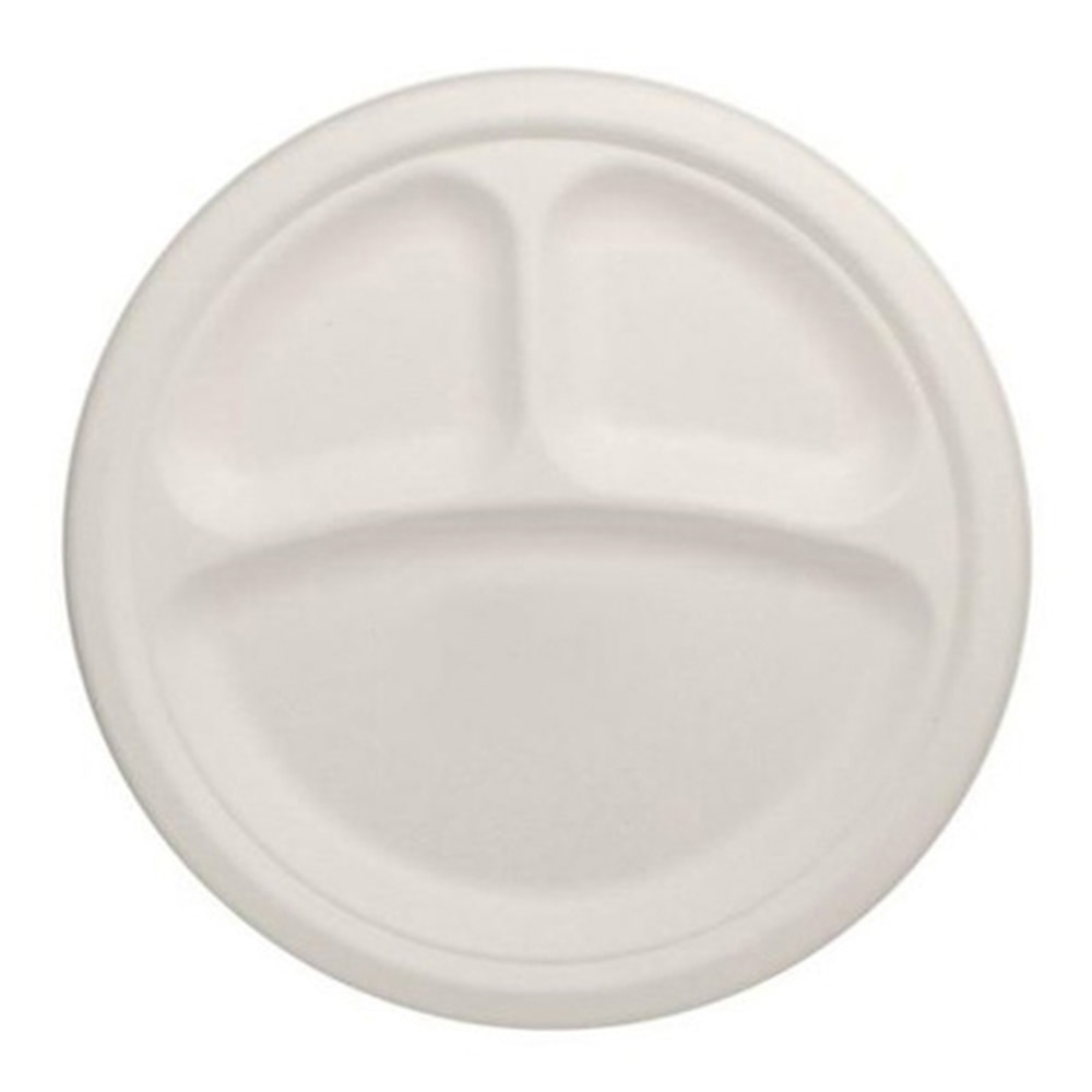 Karat Earth 9in Round 3-Compartment Bagasse Plates, Natural, Pack Of 500 Plates MPN:KE-BPR09-3C