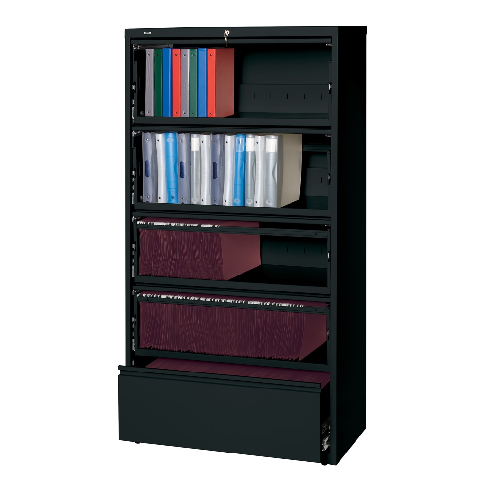 Lorell Fortress 36inW x 18-5/8inD Lateral 5-Drawer File Cabinet With Roll-Out Shelves, Black MPN:43513