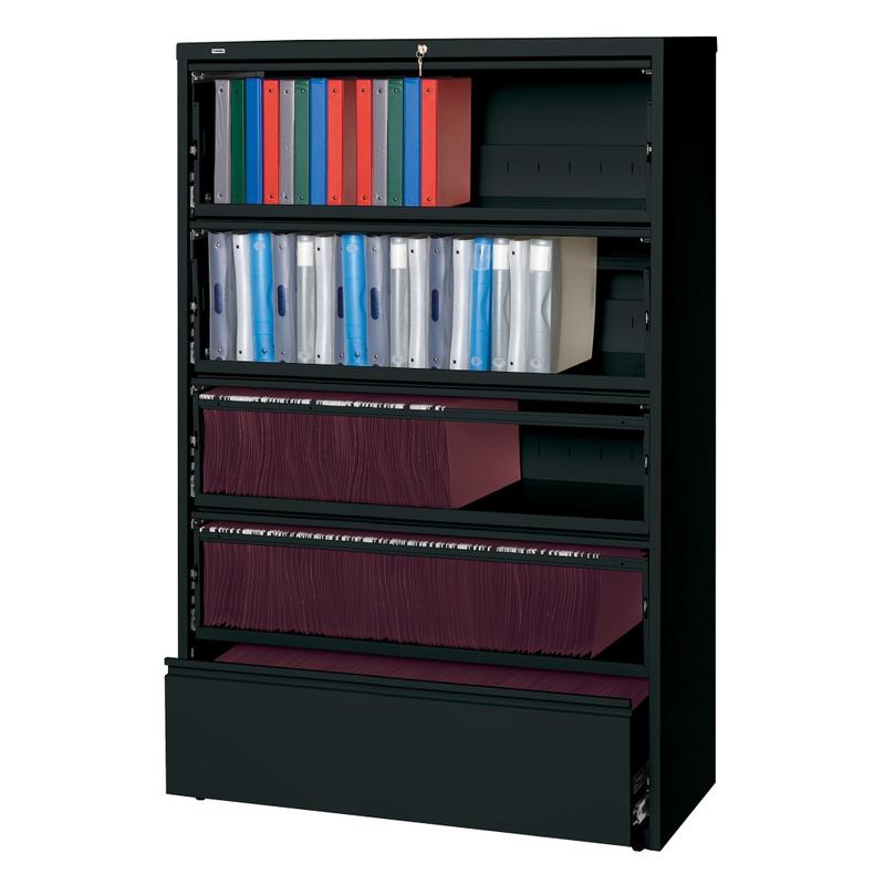 Lorell Fortress 42inW x 18-5/8inD Lateral 5-Drawer File Cabinet With Roll-Out Shelves, Black MPN:43517