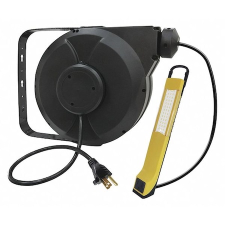 Cord Reel With Hand Lamp, Hand Operated, NEMA 5-15R, 16 AWG, Black Reel Color, 40 ft Length MPN:443P49
