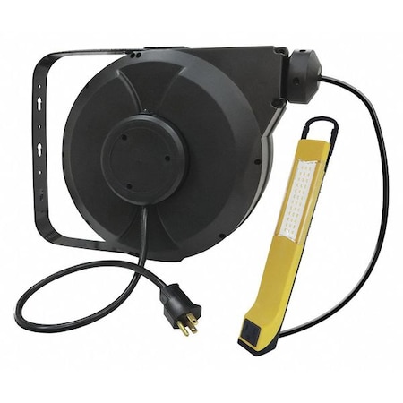 Cord Reel With Hand Lamp, Hand Operated, NEMA 5-15R, 14 AWG, Black Reel Color, 50 ft Length MPN:443P50